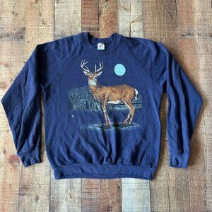 Vintage Deer Print Sweatshirt Blue Large
